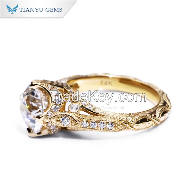 Tianyu Gems Custom D VVS Round OEC Moissanite Engagement Rings 9K 10K 14K 18K Platinum Pure Yellow Gold Wedding Ring