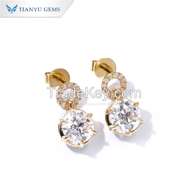 Tianyu Gems Pure Yellow Gold Classic Design Round OEC Cut Moissanite Diamond beautiful Stud Earrings