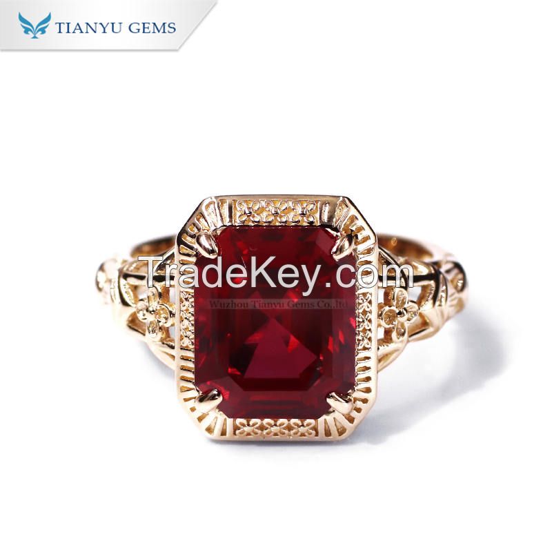 Tianyu Fine Jewelry Anillo Bagaue 585 750 Real Solid Yellow Gold Wedding Ring Lab Ruby Engagement Ring