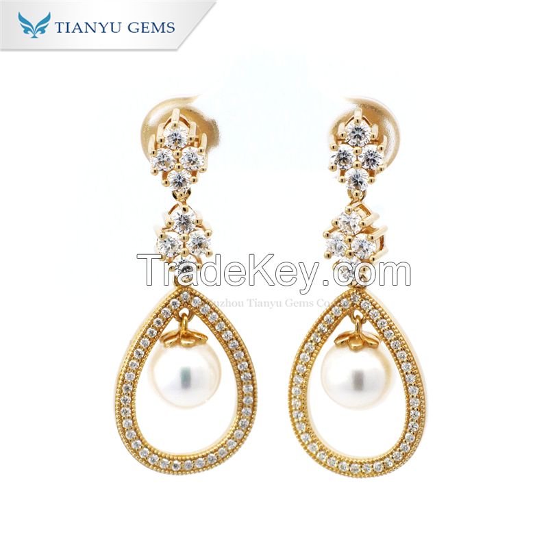 Tianyu gems 10k yellow gold 7.0mm round pearl with def vvs1 moissanite diamond jewelry earrings