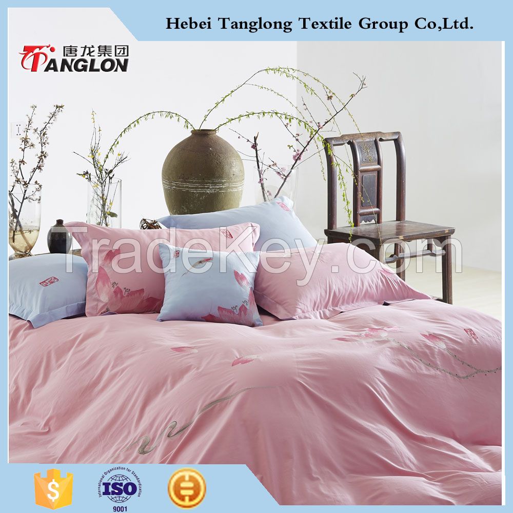 Water-ink Lotus designed Plain cotton embroidery 4pcs bedding set