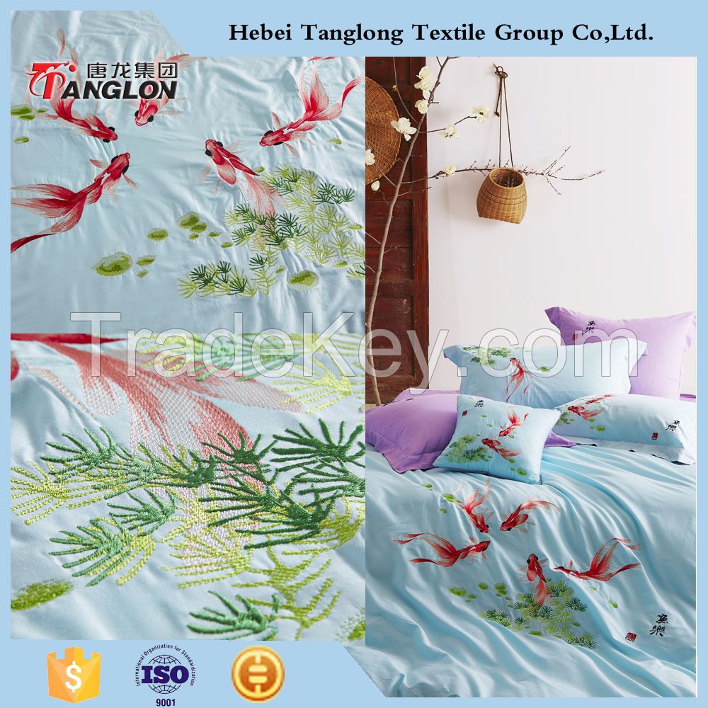 fish designed Plain cotton embroidery 4pcs bedding set