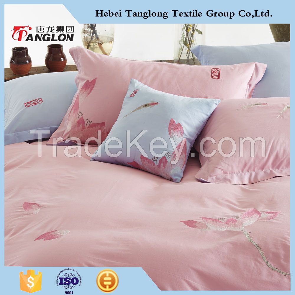 Water-ink Lotus designed Plain cotton embroidery 4pcs bedding set