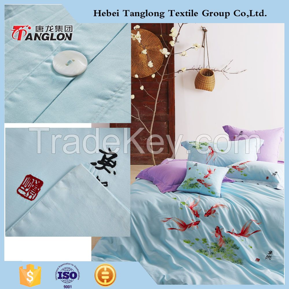 fish designed Plain cotton embroidery 4pcs bedding set