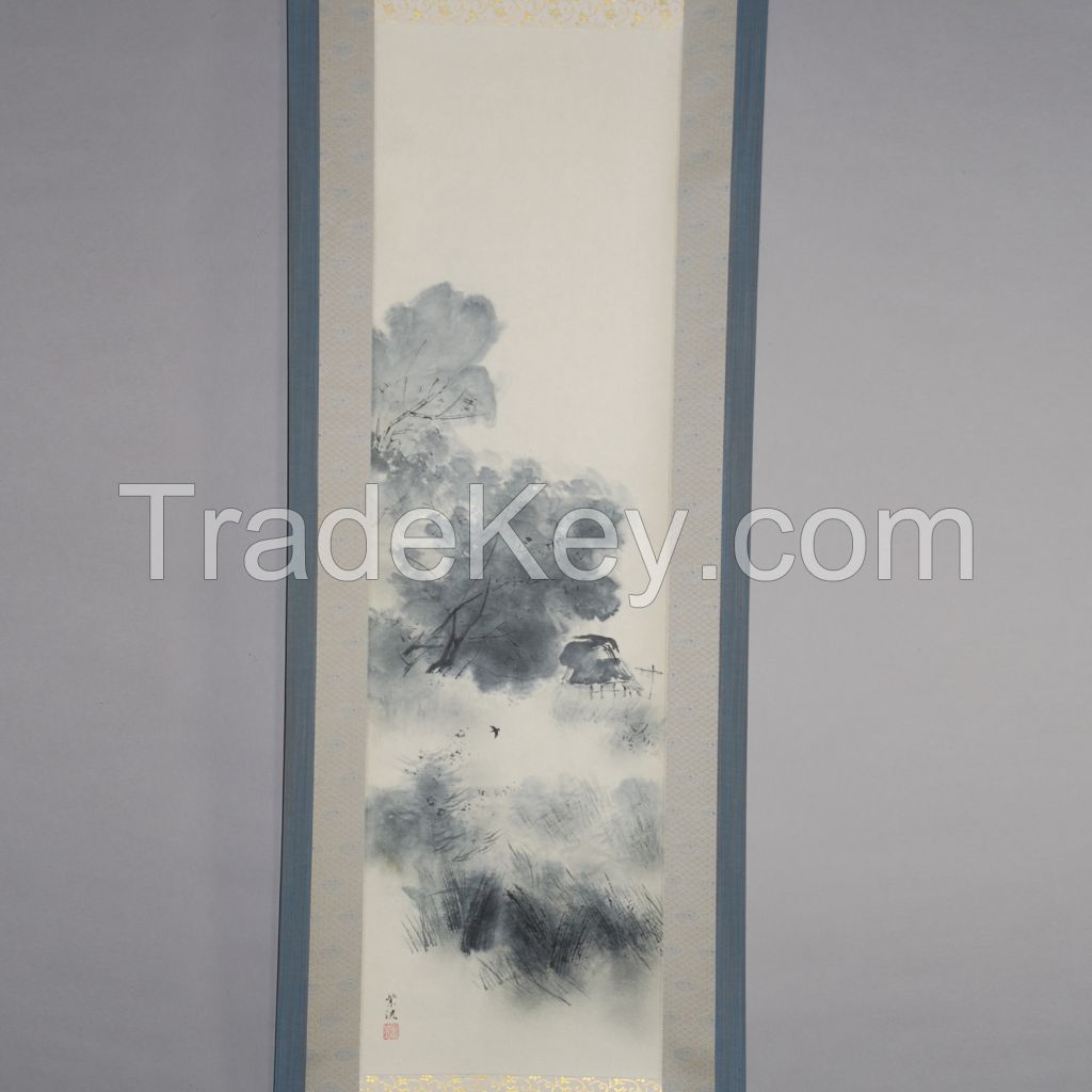 Kakejiku (Japanese hanging scroll) with landscape painting in sumi ink by Shikou Okamoto