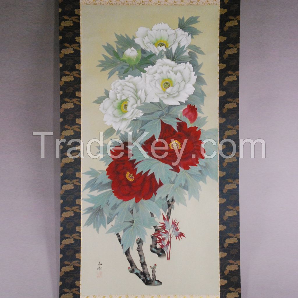 Kakejiku (Japanese hanging scroll) with Peonies painting by Haruki Wakabayashi