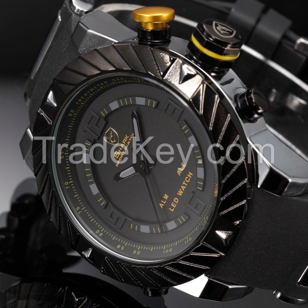 U.S.A SHARK LED Dual Core Date Day Alarm Steel Silicon Army Mens Sport Watch