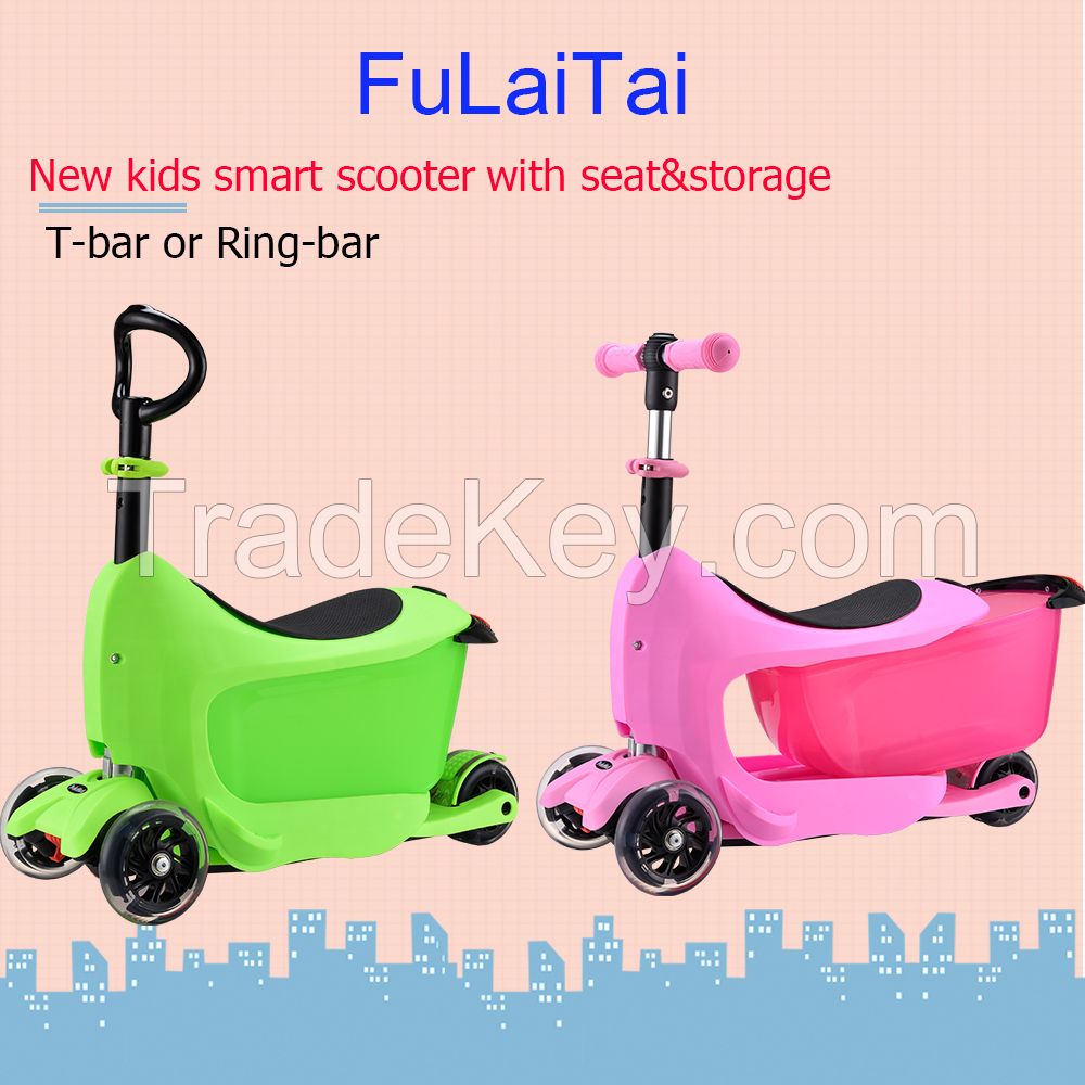 2015 new patent smart kids kick scooter with seat&amp;amp;container