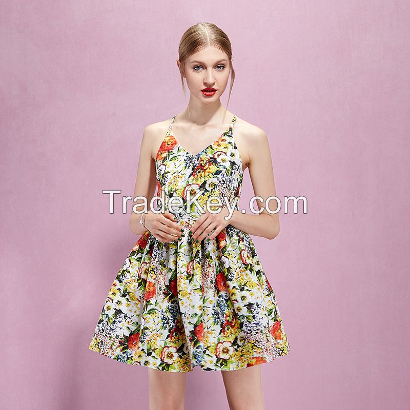 2015 yigelila 61098 short backless beach dress spaghetti strap women dress floral printing summer dress