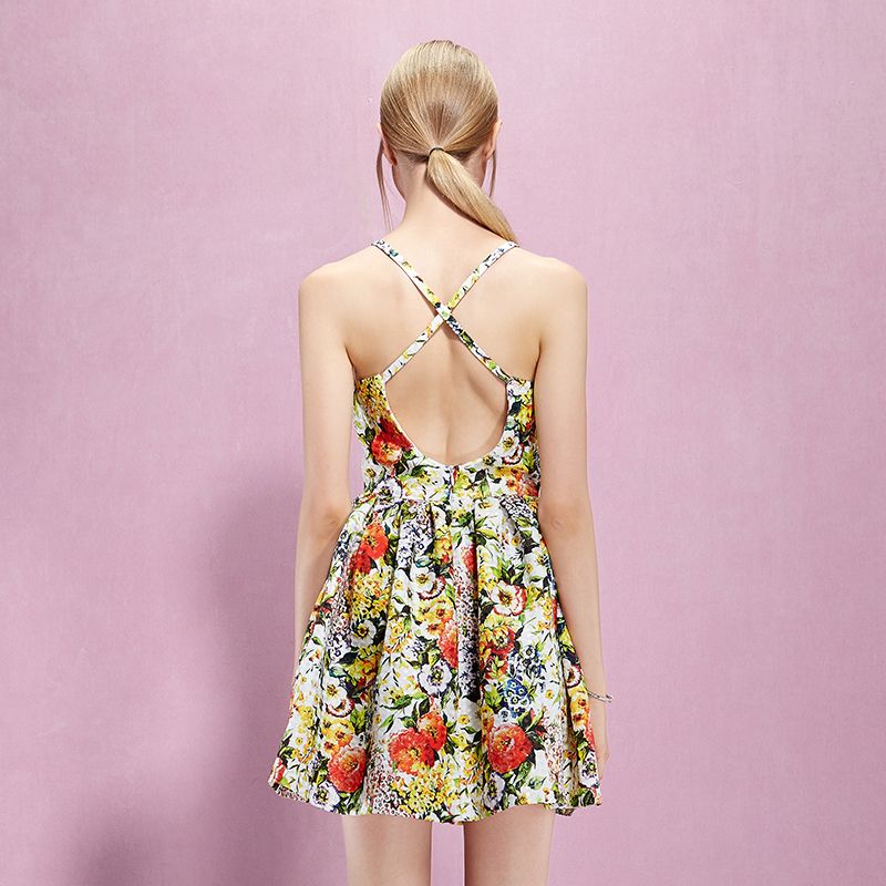 2015 yigelila 61098 short backless beach dress spaghetti strap women dress floral printing summer dress