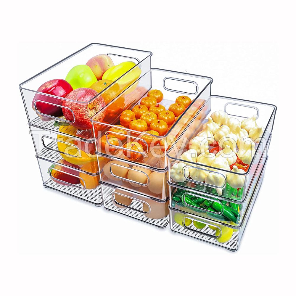 Stackable Refrigerator Organizer Bin Clear Kitchen Organizer Container Bins with Handles for Pantry, Cabinets, Shelves, Drawer, Freezer