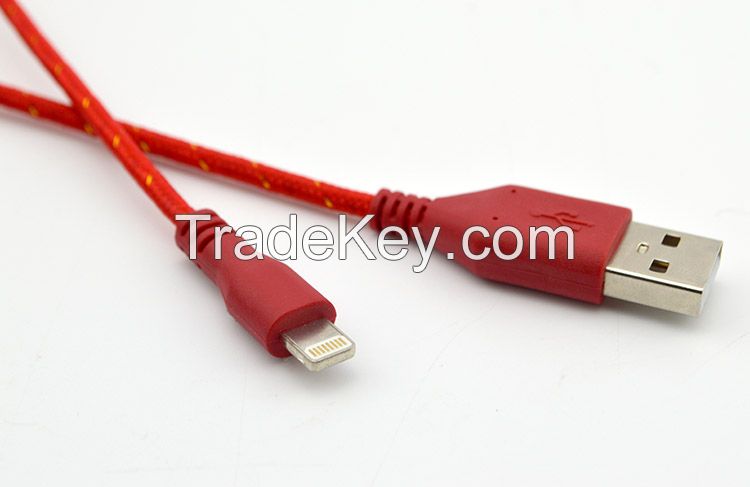 Fabric braided mobile phone cable for iphone 5/6 10 colors 1m2m3m