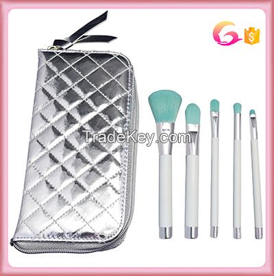  5pcs Spring Makeup Brushes Set Foundation Eyeshadow crease Brush Makeup Tool with silver quilting leather case