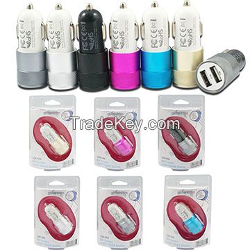2.1A metal case dual usb car charger with blister package for retail/wholesale
