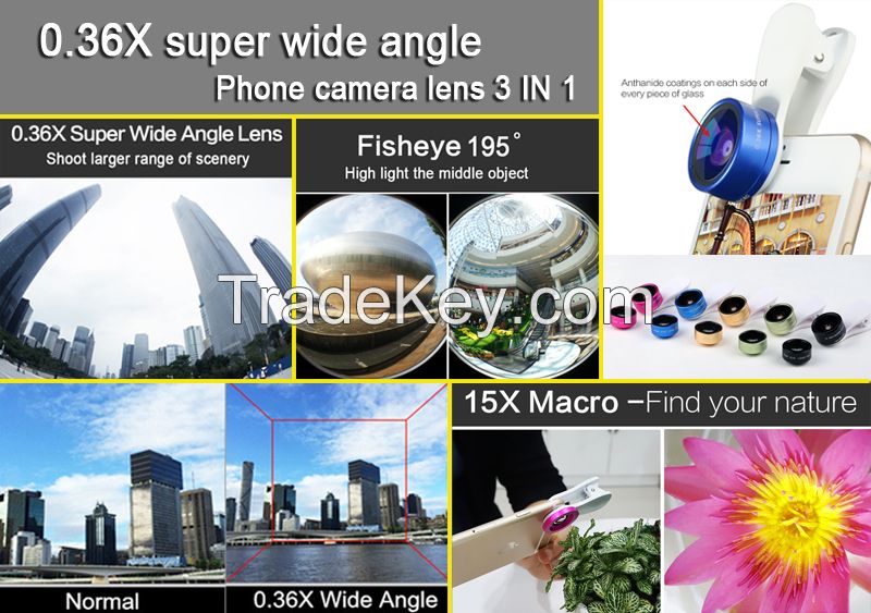 0.36X super wide angle mobile phone camera lens 3 IN 1
