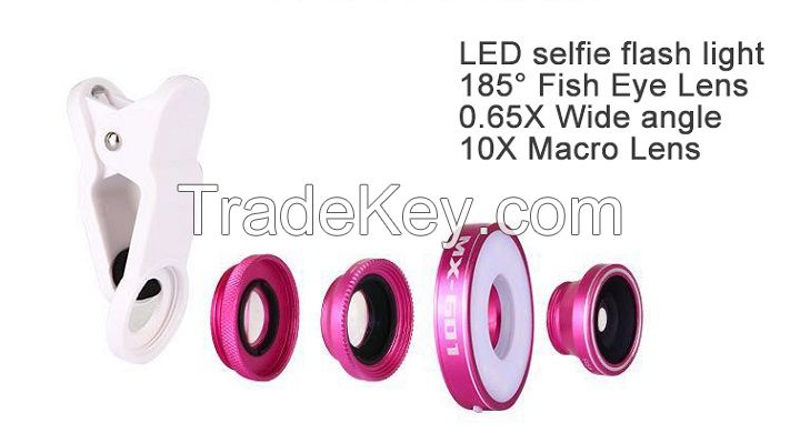 6 in 1 LED multi phone Lens,  Fisheye, Wide Angle, Macro Lens and LED Selfie Light 