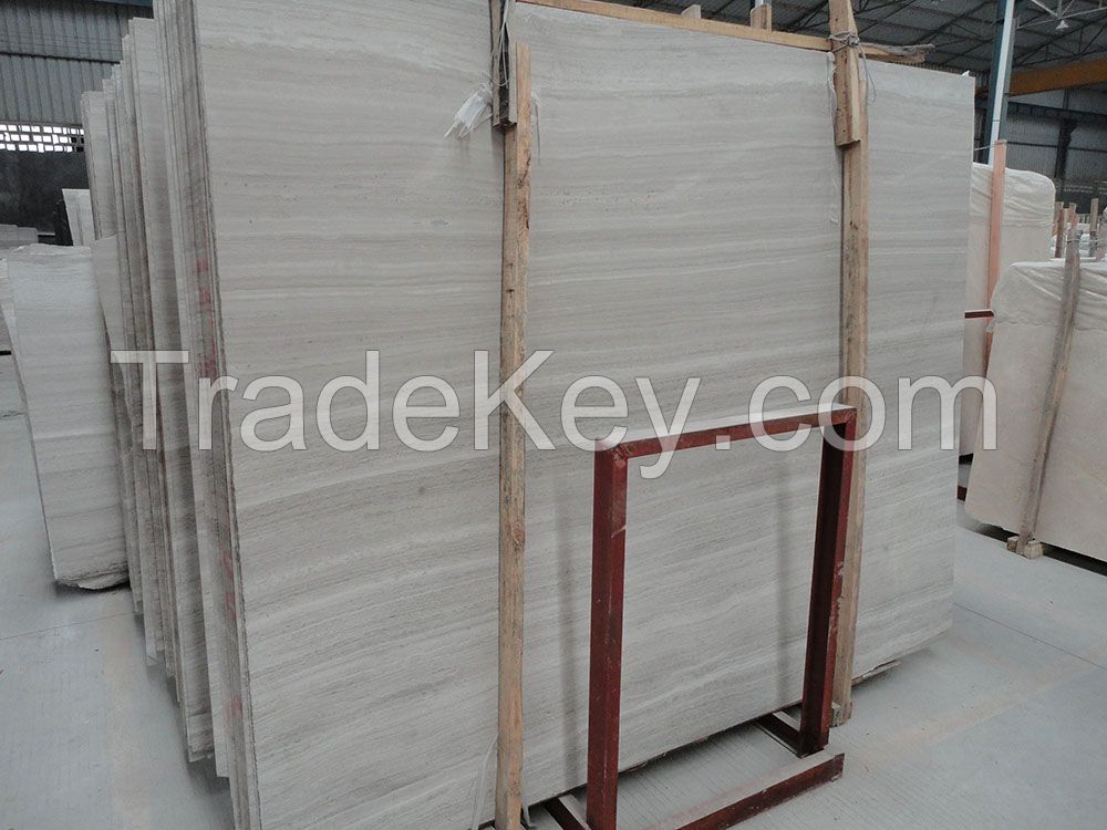 Chinese wooden white vein marble slab, tile polished, honed cross cut