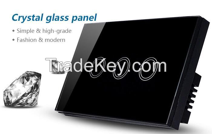 Touch Wall Switch 3 Gang 1 Way, Crystal Glass Panel Touch Screen Light Switches AC 110-230V