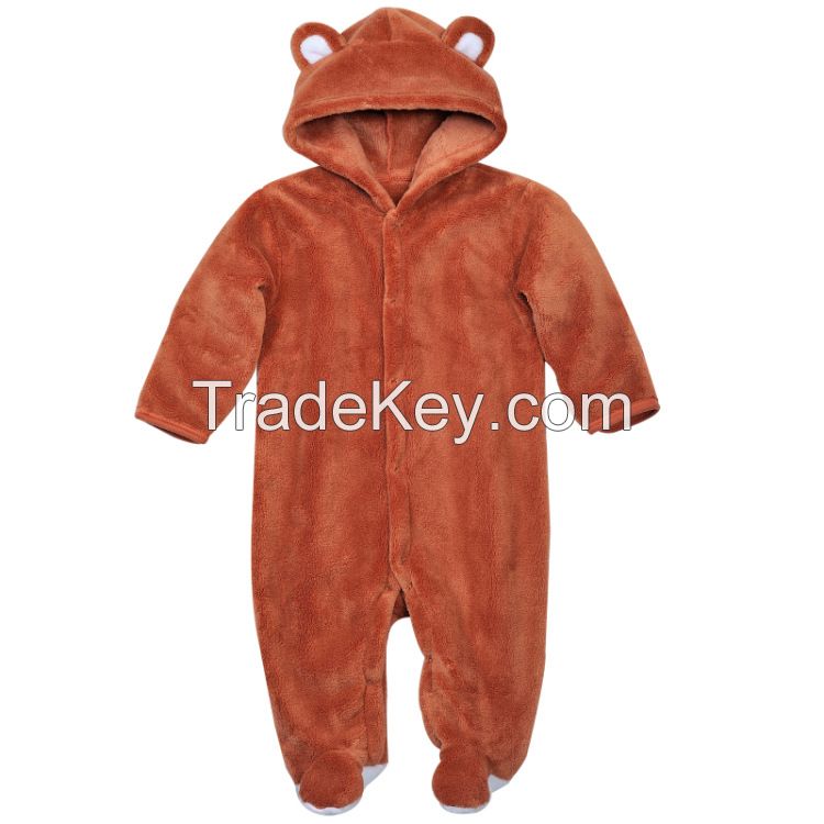 2015 New Arrival Baby Winter clothes Of Coral Fleece Hooded Baby Jumpsuits