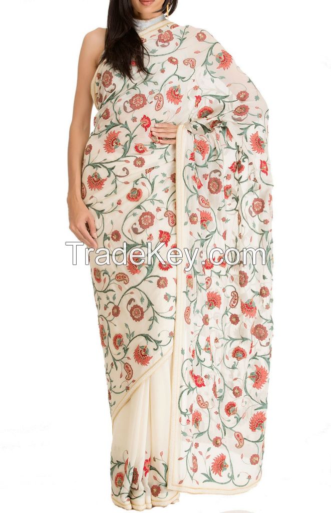 Pure Chiffon Designer Saree with Red and Green Floral Pallu by Nakul Sen