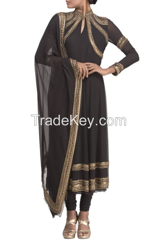 Black Embellished Designer Suit with Churidaar and Dupatta by Nakul Sen