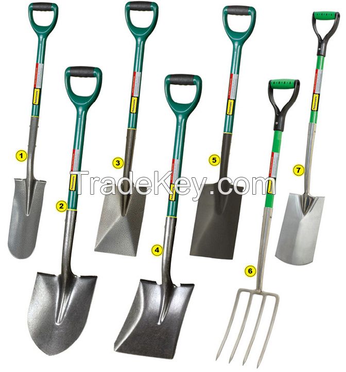 Round point shovel, square shovel, drain spade