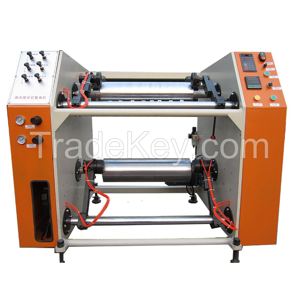 Semi automatic pre-stretch film rewinding and slitting machine