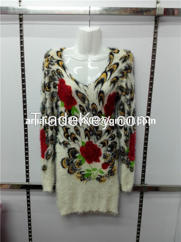 Autumn Winter Knitwear, Fuzzy Floral Printing Pullover Mohair Knitted Sweaters Women
