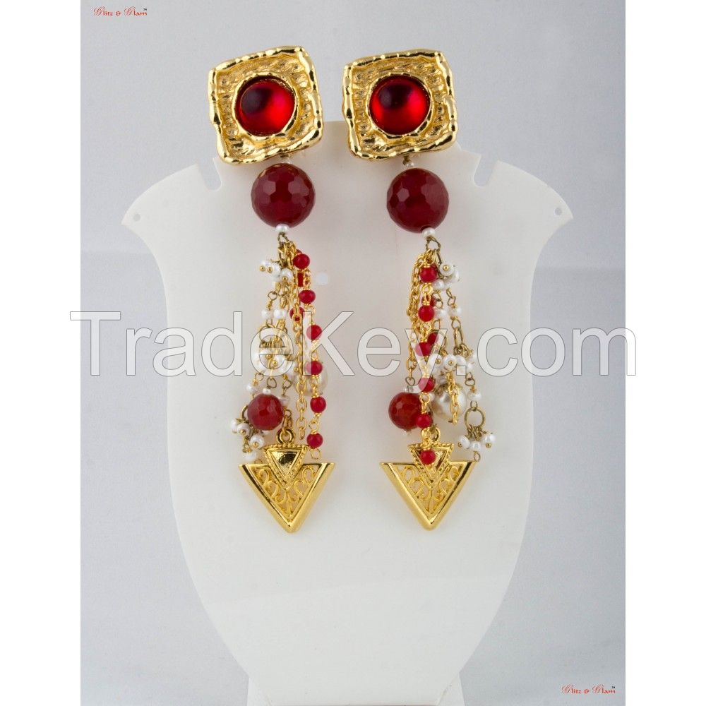 Fashion Jewellery Earrings - Brown garnets and blood red rubies set in brass and interwoven