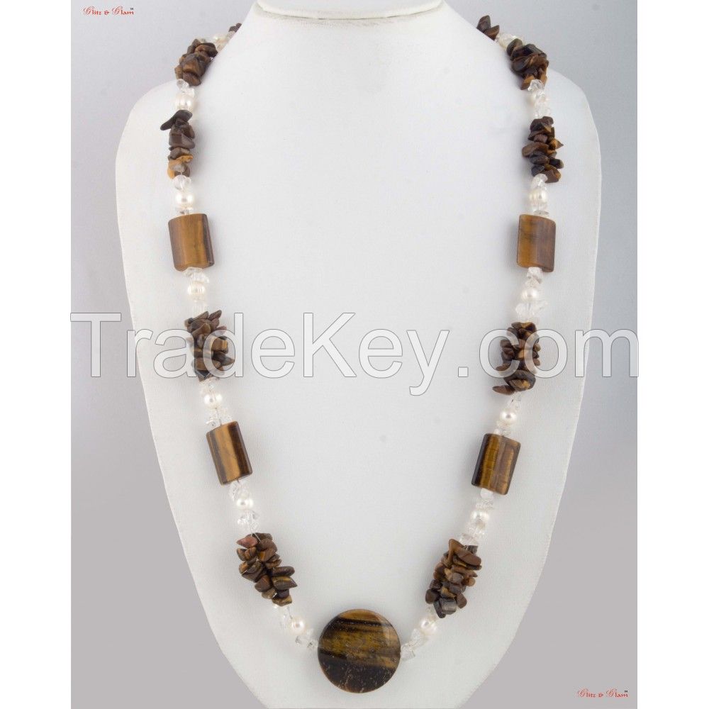 Fashion Necklaces - Combination of white Opal and Andalusite stone woven with a thin cord