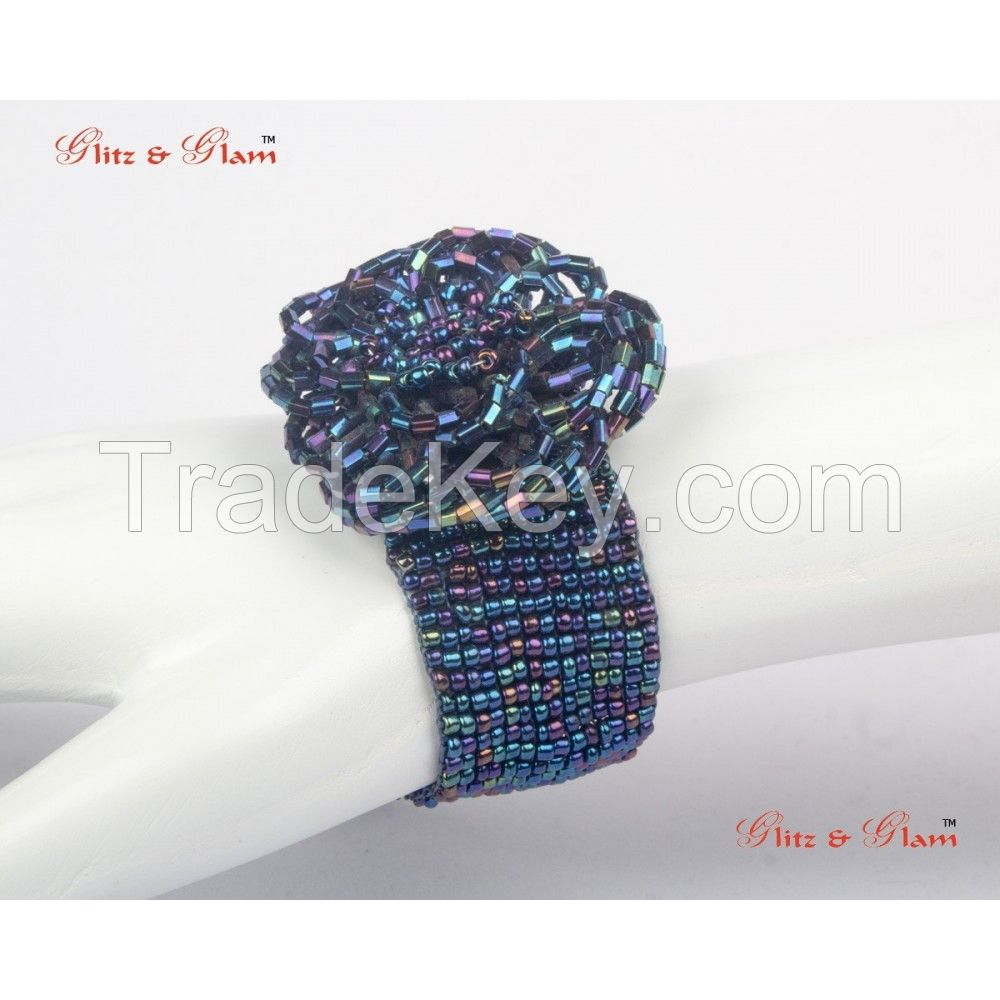 Fashion Bracelets - Flower inspired blue metallic beads