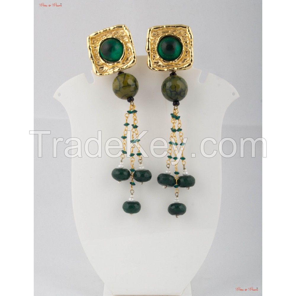 Fashion Jewellery Earrings - The apple green Garnets studded in gold polished square brass casing