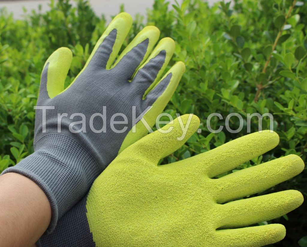 grey liner , green coating 13G Wrinkle Finish Latex Glove