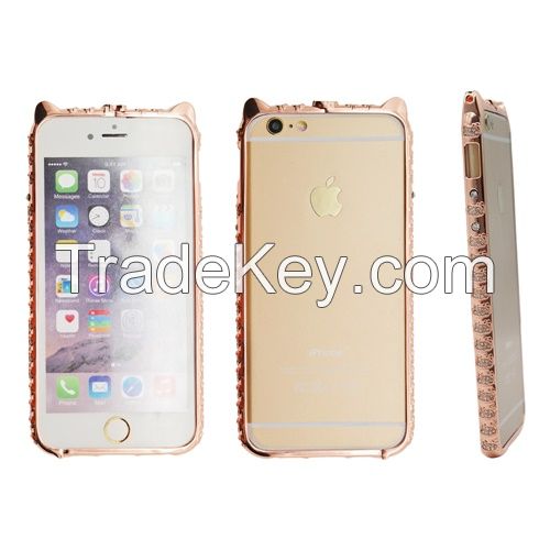 Sell phone accesssories,Rose Gold color bling crystal diamond case with lovely cat pattern for iphone 5/5s/6/plus CO-MTL-6012