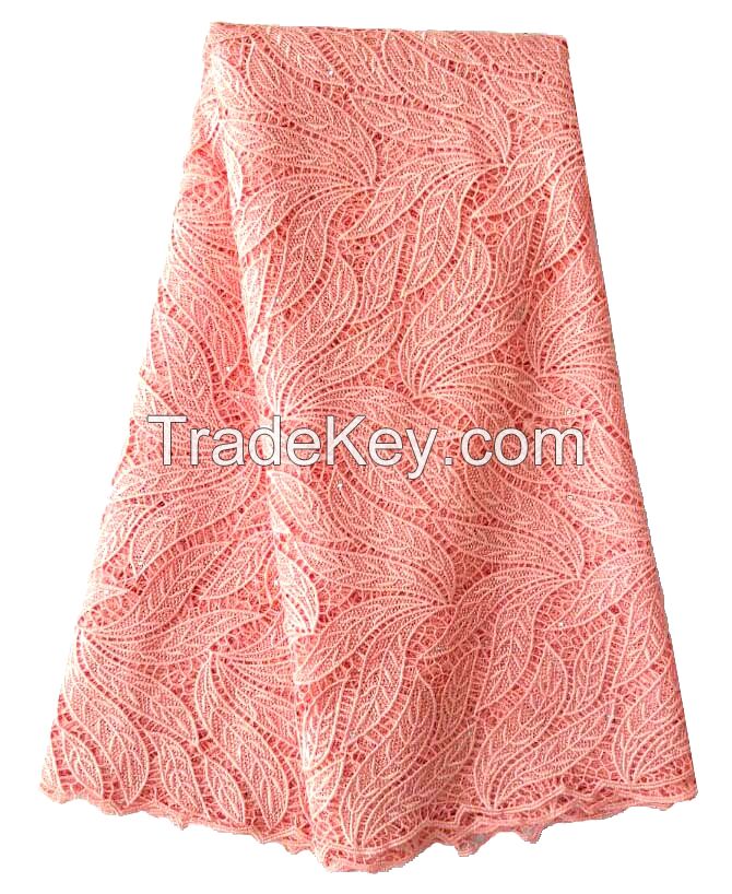 F50265 High quality nigerian wedding lace peach lace fabric,water soluble guipure cord lace fabric with rhinestones