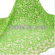 Hot design embroidery african guipure lace fabric green+gold with rhinestones for wedding dress F50251