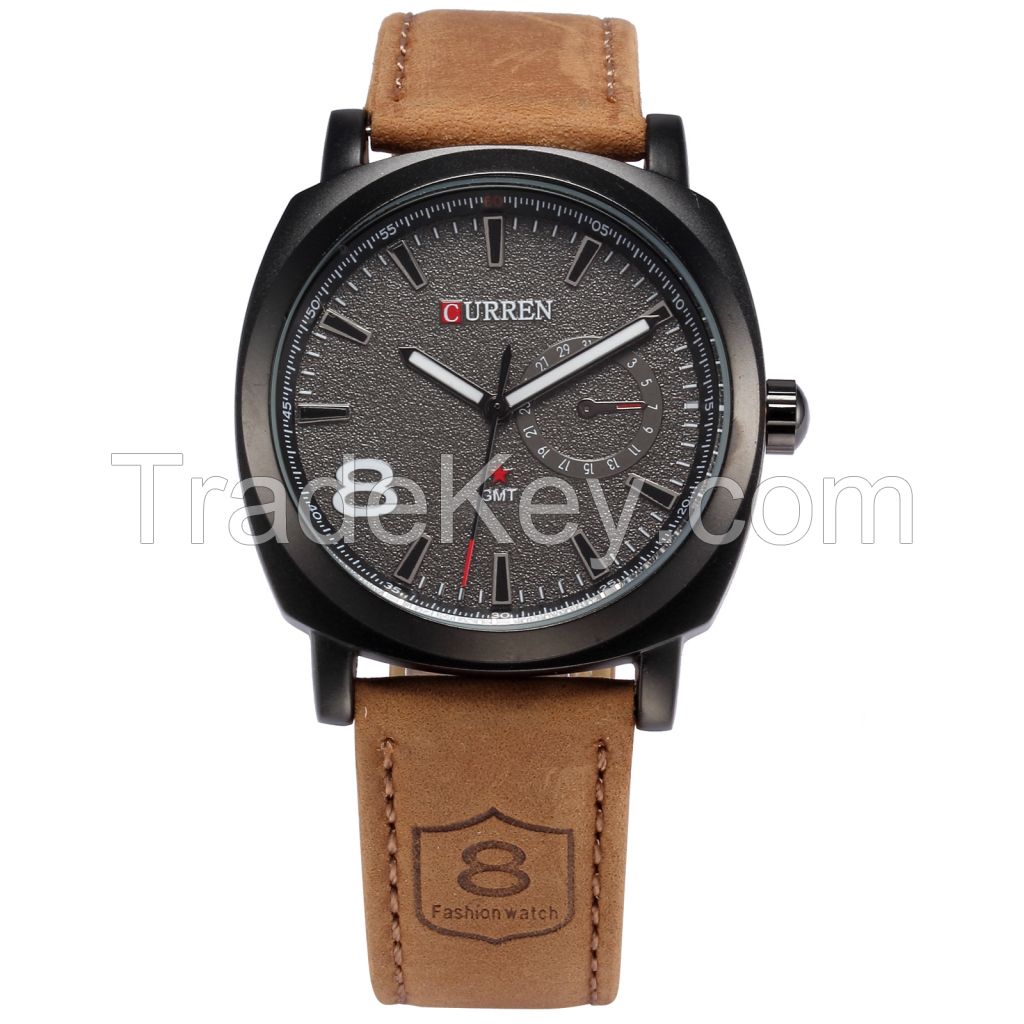Fashion Curren Men Military Leather Strap Wrist Sport Analog Quartz Watch