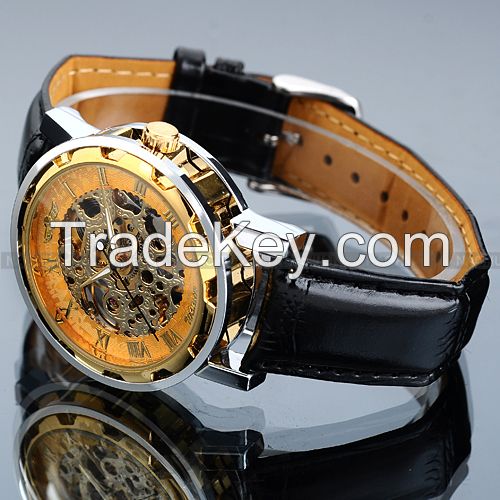 Classic Men's Gold Dial Skeleton Black Leather Mechanical Sport Army Wrist Watch