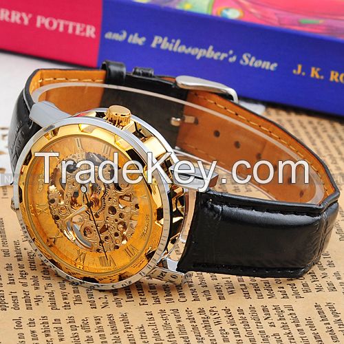 Classic Men's Gold Dial Skeleton Black Leather Mechanical Sport Army Wrist Watch