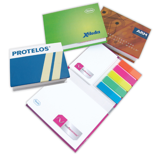 Hard cover sticky notepad with index