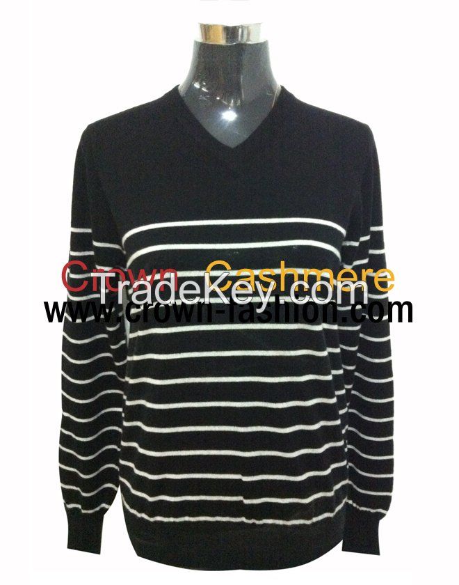 Men's stripe V neck 90%wool 10% cashmere pullover with elbo