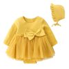 Newly thermal cotton fabric baby clothes beauty bow design long sleeve infant girl romper dress with hat