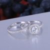 silver wedding ring set round CZ pave setting for women and men rings