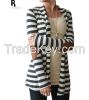 Black and White Striped Elbow Patching PU Leather Long Sleeve Knitted Cardigan Fall Slim 2016 Spring Autumn Women Sweater