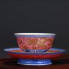 High Quality Handmade Carmine Red Glaze Dragon and Phoenix Bringing Prosperity Blue and White Porcelain Cup With Strong Contrasting Colors
