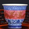 High Quality Handmade Carmine Red Glaze Blue and White Handwarmer Porcelain Mug on Foot