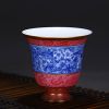 High Quality Handmade Carmine Red Glaze Bell Shaped Blue and White Floral Porcelain Cup