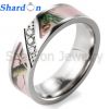 Men's 7mm Pink Branches Camo Titanium Ring Diagonal Grooved Design with 3 CZ Stones Inlay