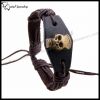 Skulls Brown Genuine Leather Bracelet with Metal Links & Adjustable Stud Fastening