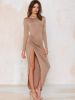 2017 New Arrival Khaki Black Sexy Long Slit Maxi Dress Long Sleeve Beach Dress